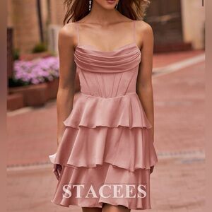 Stacees A-line Cowl Neck Corset Tiered Ruffle Homecoming Dress